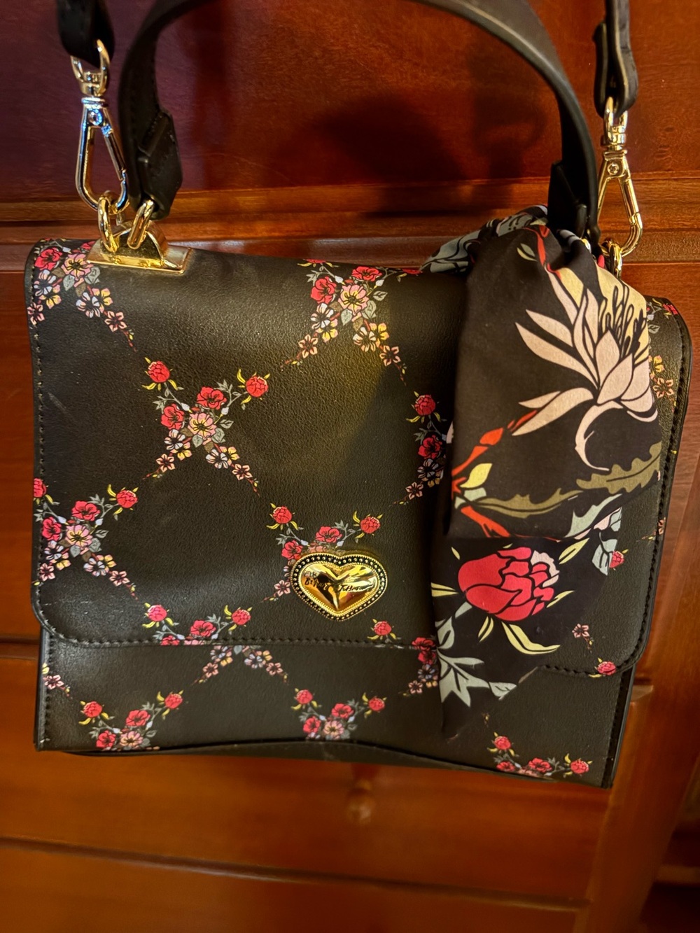 Betsey Johnson Women’s Black Floral Heart-Accent Handbag with Scarf